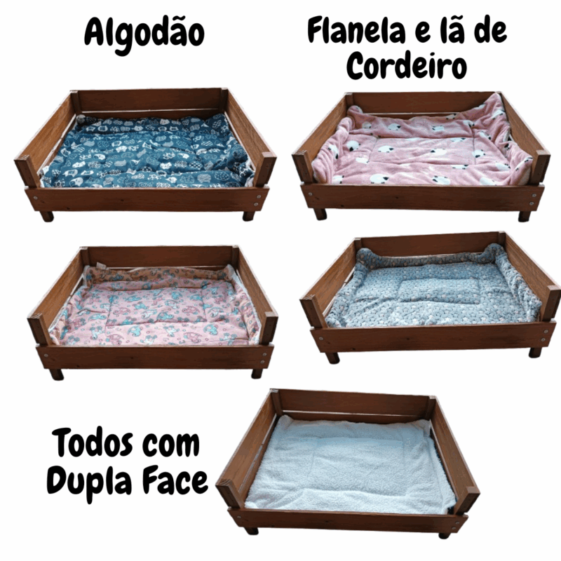 Cama Caminha Pet Em Madeira P/ Cães 50 x 66Cm C/ Cama Estampada em  Algodão ou Flanela Com Lã de Cordeiro