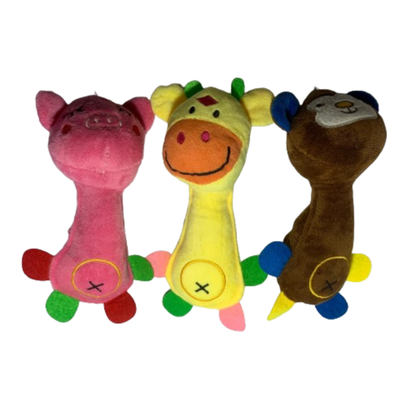 Kit C/ 3 Brinquedos Mordedores P/ Cães e Gatos de Pelúcia – Macaco, Girafa e Porca