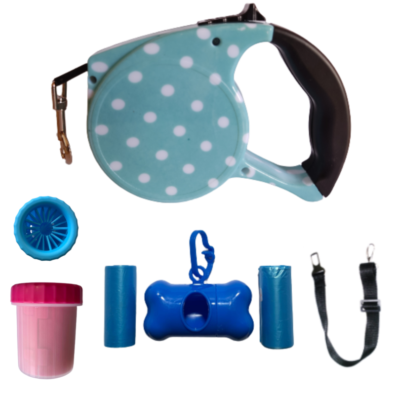 Kit Passeio P/ Cães  C/ Guia de 5mt Reforçada Estampada + Cata caca + Acessórios