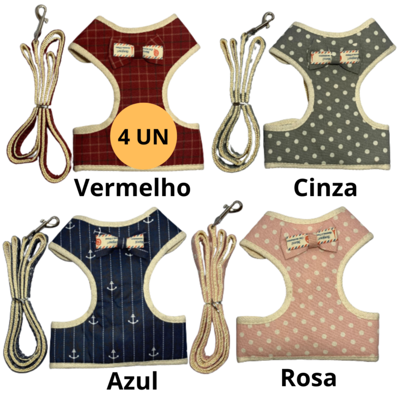 Kit C/4 Peitoral Colete Smoking Cães E Gatos Ajustável Com Guia 1,40
