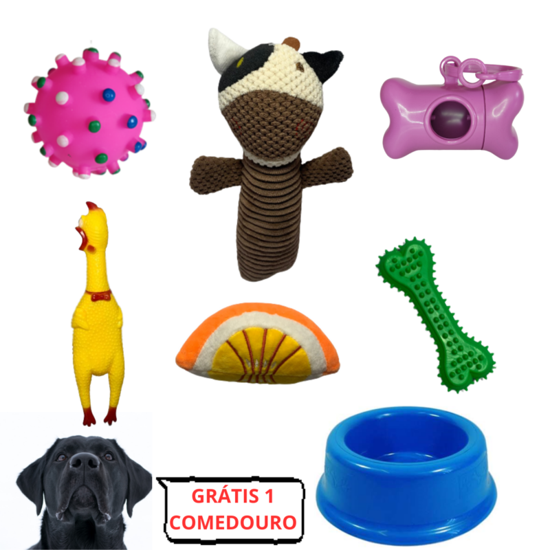 Kit de 5 Brinquedos Interativos P/ Cães + Comedouro 600ml e Cata Caca