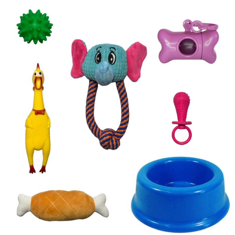 Kit de 5 Brinquedos Interativos P/ Cães + Comedouro 1000ml e Cata Caca