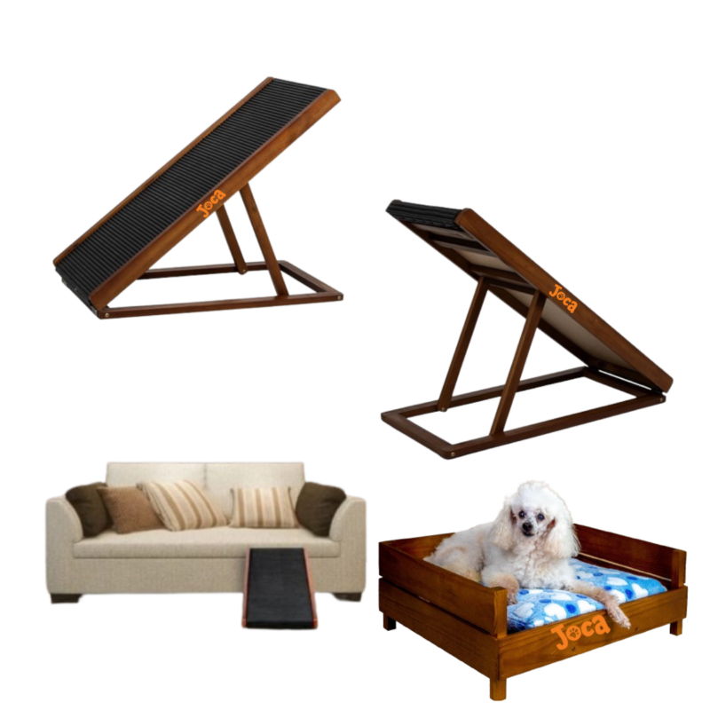 Kit Rampa Pet Ajustável  E Antiderrapante + Caminha Pet de Madeira