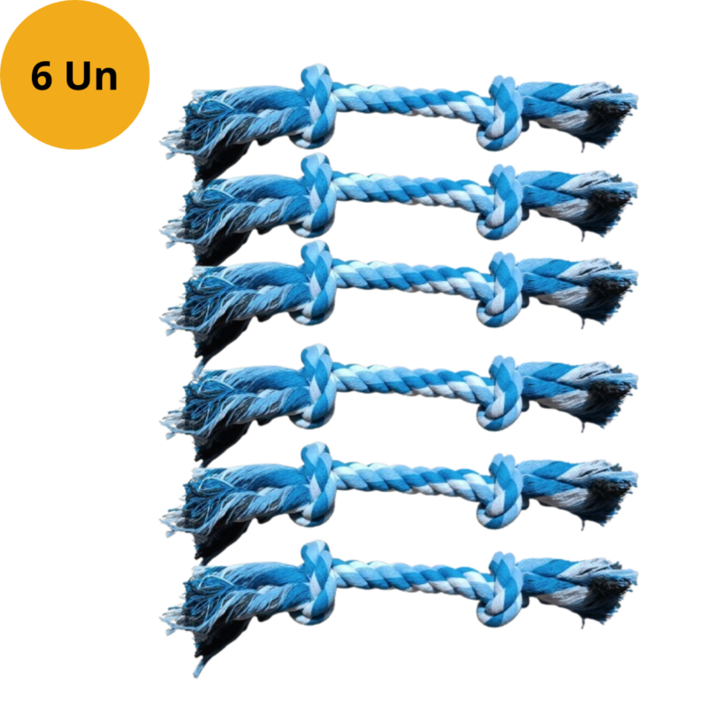 Kit c/ 6 Brinquedos Dental Bone para Cães - Corda Reforçada com 2 nós Azul 24cm