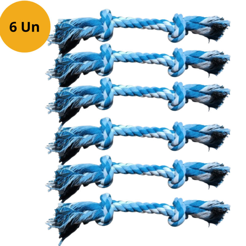 Kit c/ 6 Brinquedos Dental Bone para Cães - Corda Reforçada com 2 nós Azul 28cm