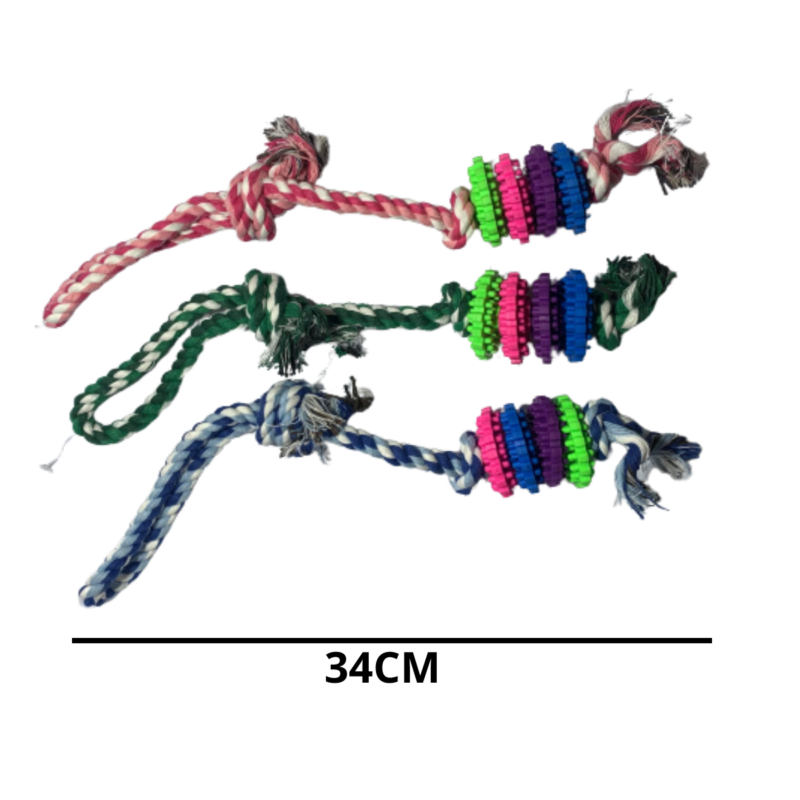 Brinquedo Mordedor P/ Cães Corda com 4 Giros de Borracha 34cm