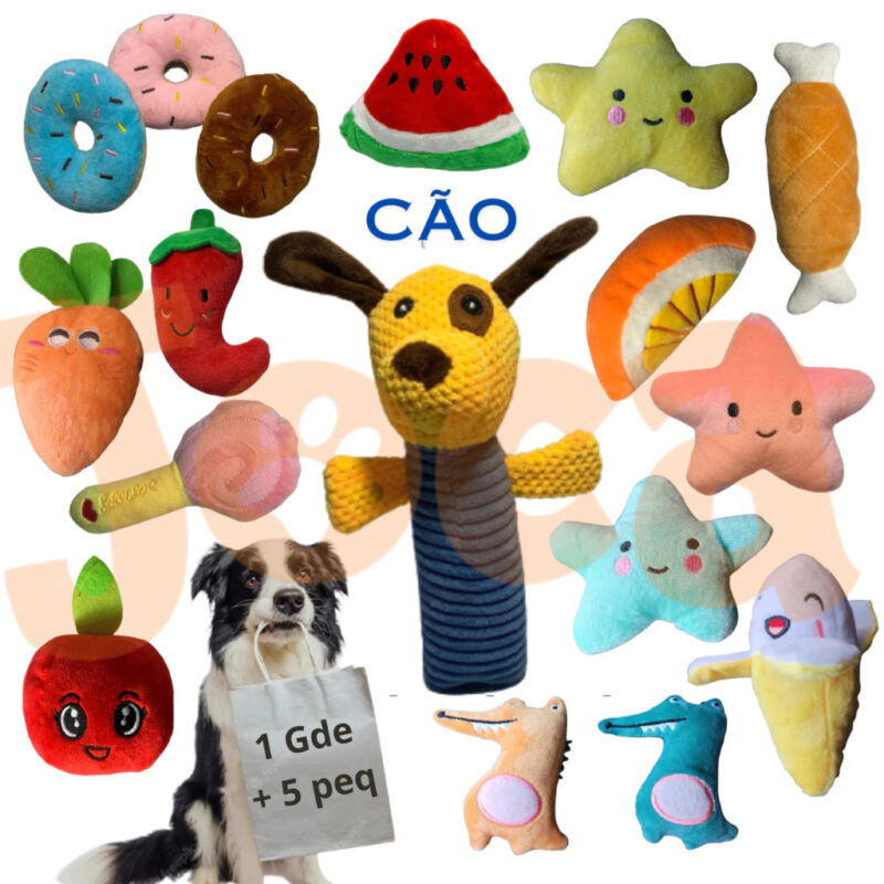 Kit Com 6 Brinquedos Mordedores Cães e Gatos - Pelúcias Sortidas Com Apito