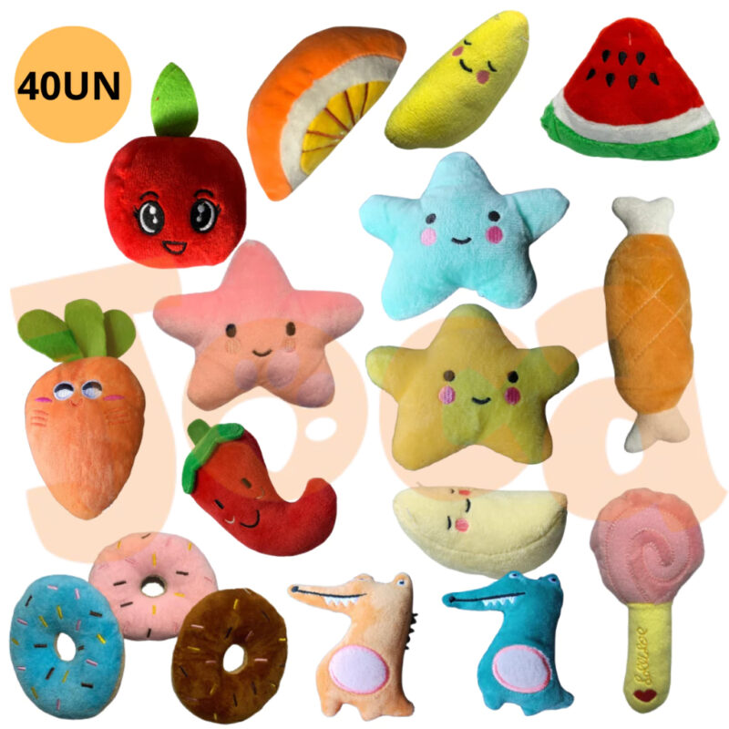 Kit Com 40 Brinquedos Mordedores Cães e Gatos - Pelúcias Sortidas Com Apito
