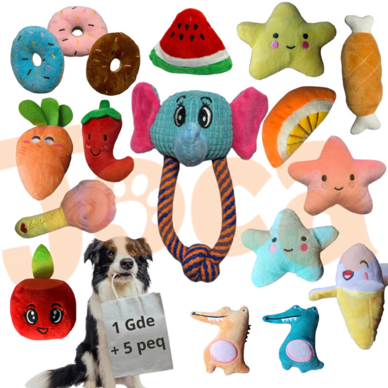 Kit Com 6 Brinquedos Mordedores Cães e Gatos - Pelúcias Sortidas Com Apito