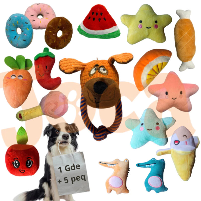 Kit Com 6 Brinquedos Mordedores Cães e Gatos - Pelúcias Sortidas Com Apito