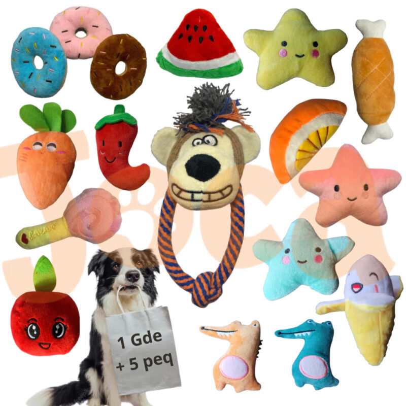 Kit Com 6 Brinquedos Mordedores Cães e Gatos - Pelúcias Sortidas Com Apito