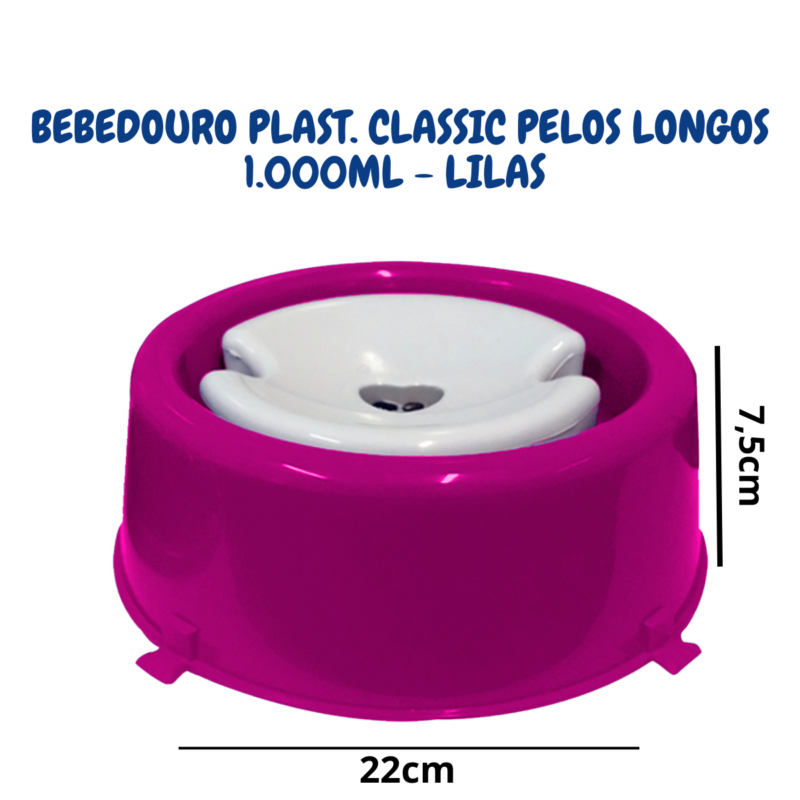Bebedouro Plástico Classic para Pelos Longos  - 1.000ml Lilas