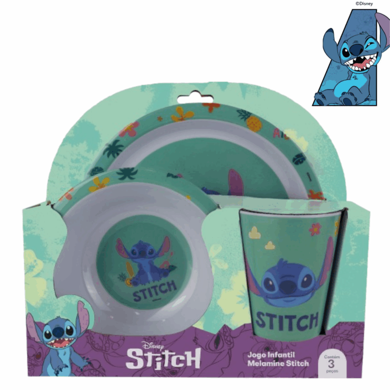Jogo Infantil de Refeição Melamine Disney Stitch Prato + Bowl + Copo