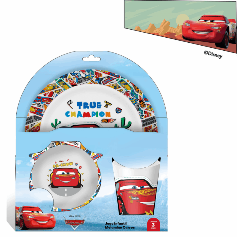 Jogo Infantil de Refeição Melamine Disney Carros Prato + Bowl + Copo