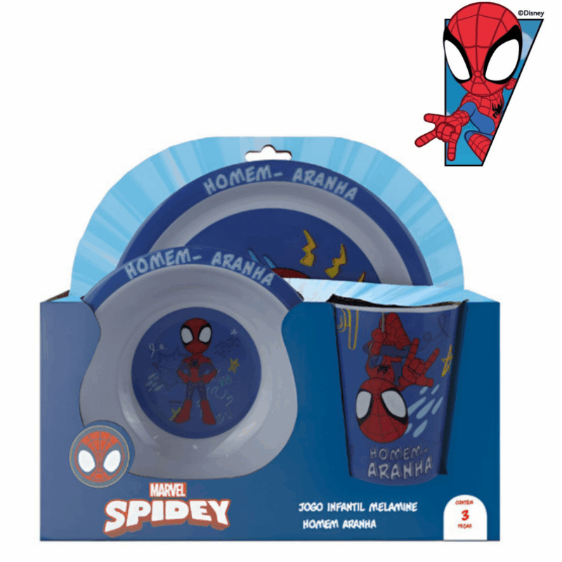 Jogo Infantil de Refeição Melamine Disney Homem-Aranha Prato + Bowl + Copo