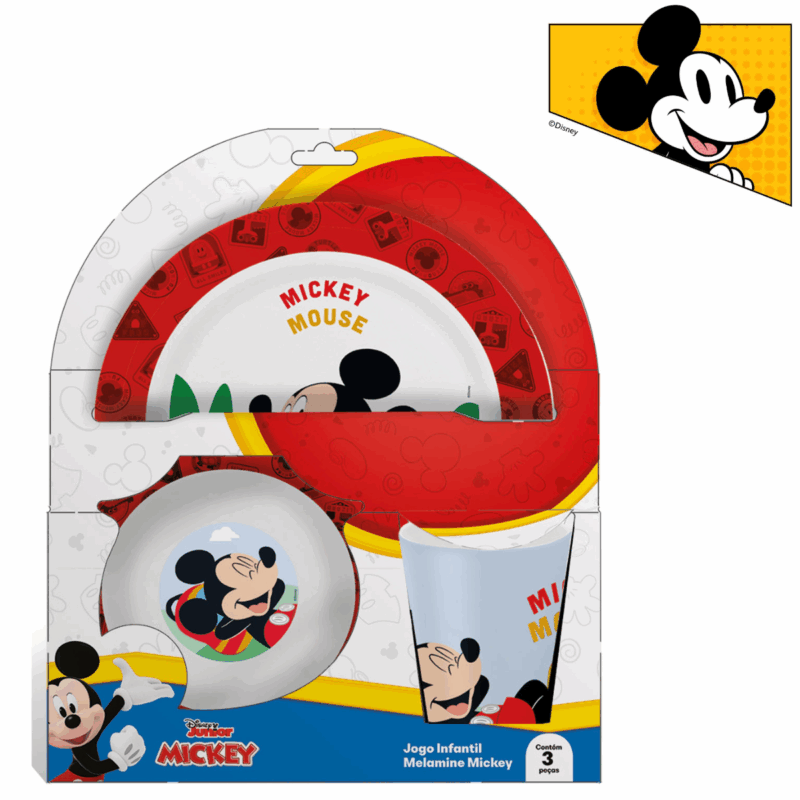 Jogo Infantil de Refeição Melamine Disney Mickey Prato + Bowl + Copo