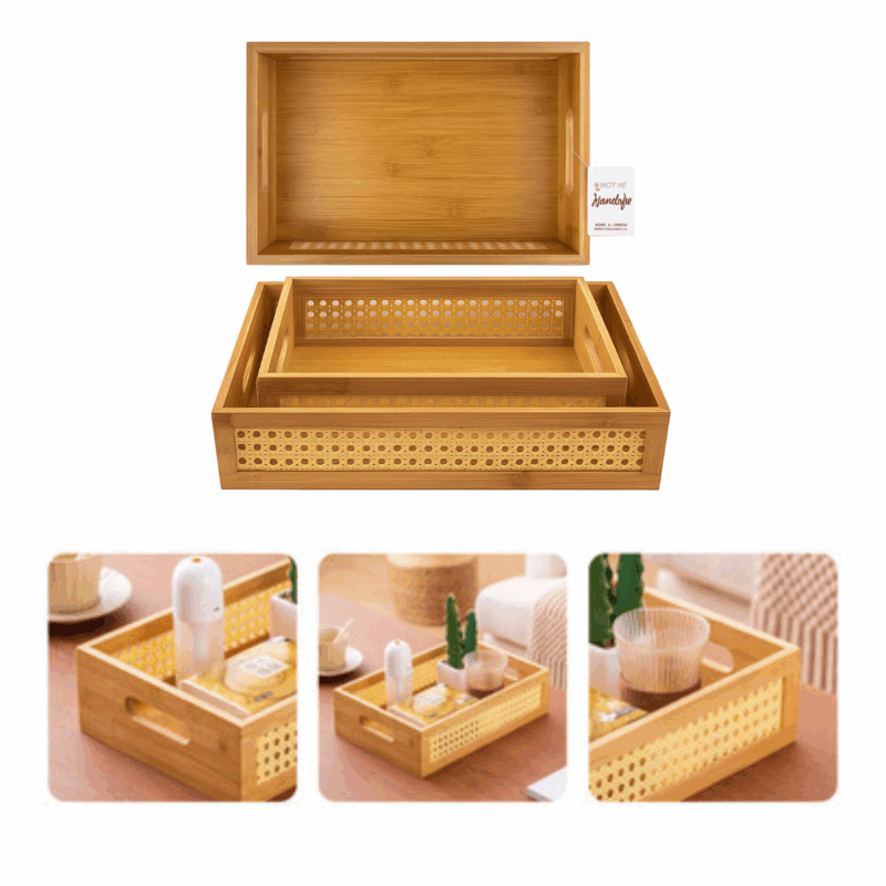 Bandeja Palha Indiana Bambu e Acrilico  33 e 40X 28 X 9Cm Moment