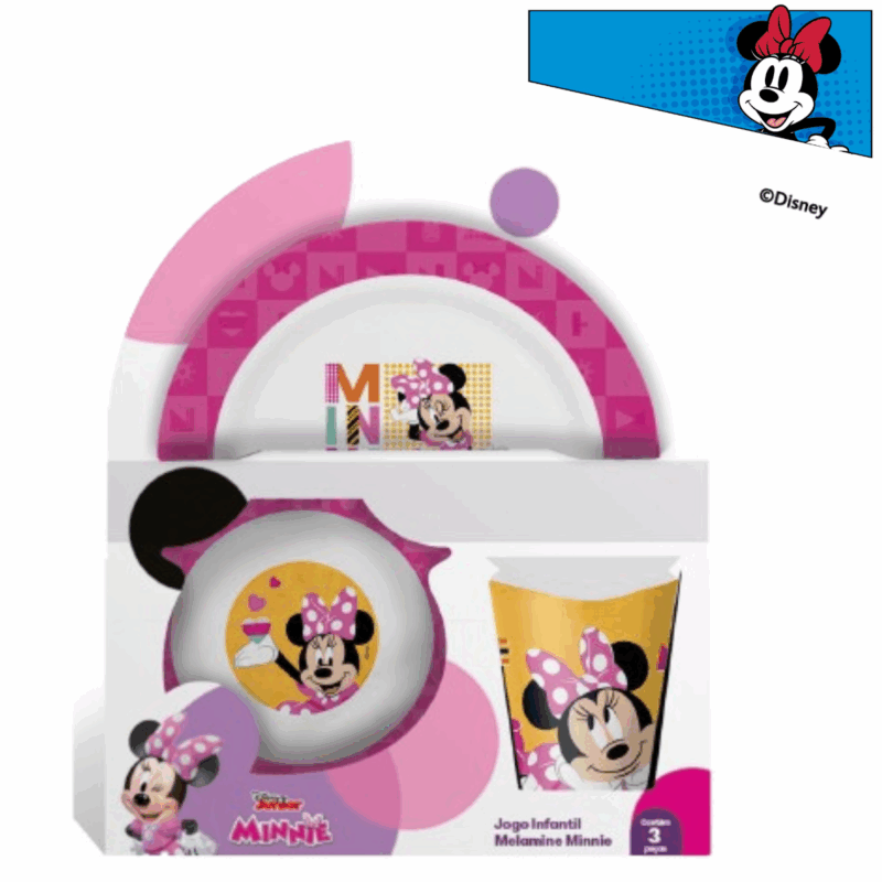 Jogo Infantil de Refeição Melamine Disney Minnie Prato + Bowl + Copo