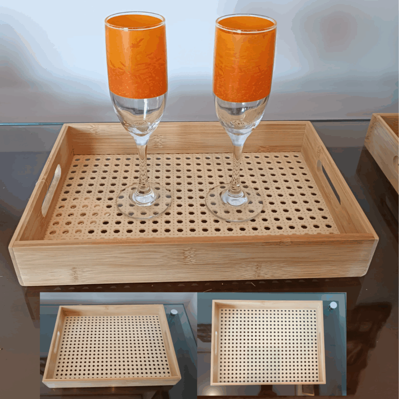Bandeja Multiuso Retangular de Bambu e Palha Sextavada M 32 X 21 X 5Cm
