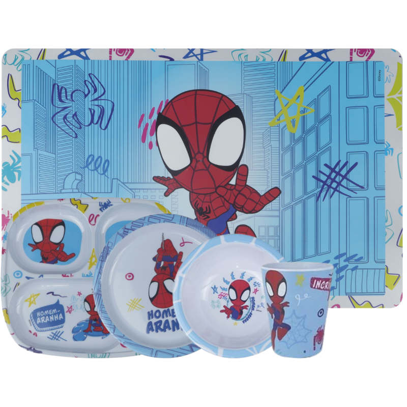 Jogo Infantil de Refeição Pratos/Bowl/Copo/Lugar Melamine Disney 5 Peças- Homem Aranha