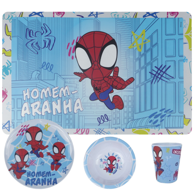 Jogo Infantil de Refeição Prato raso / Bowl / Copo / Lugar Melamine Disney 4 Peças - Homem Aranha