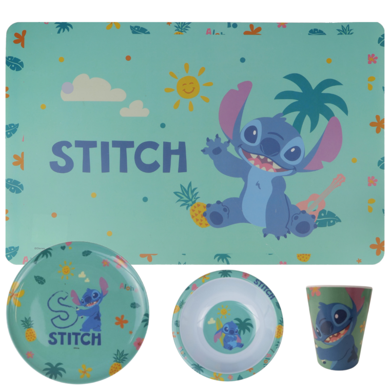 Jogo Infantil de Refeição Prato raso / Bowl / Copo / Lugar Melamine Disney 4 Peças - Stitch