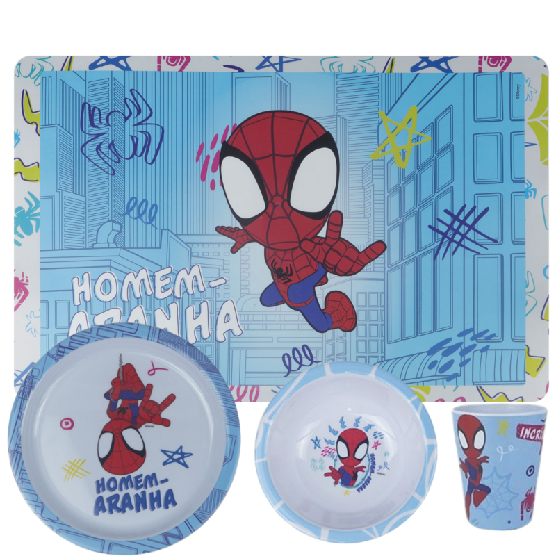 Jogo Infantil de Refeição Prato / Bowl / Copo / Lugar Melamine Disney 4 Peças - Homem Aranha