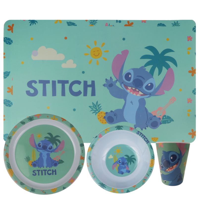 Jogo Infantil de Refeição Prato / Bowl / Copo / Lugar Melamine Disney 4 Peças - Stitch