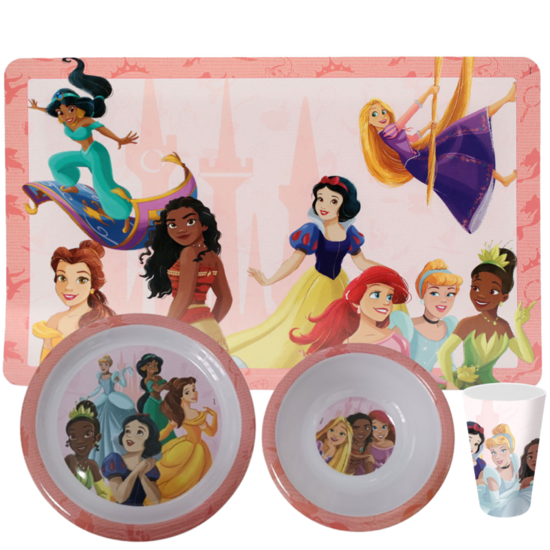 Jogo Infantil de Refeição Prato / Bowl / Copo / Lugar Melamine Disney 4 Peças - Princesas