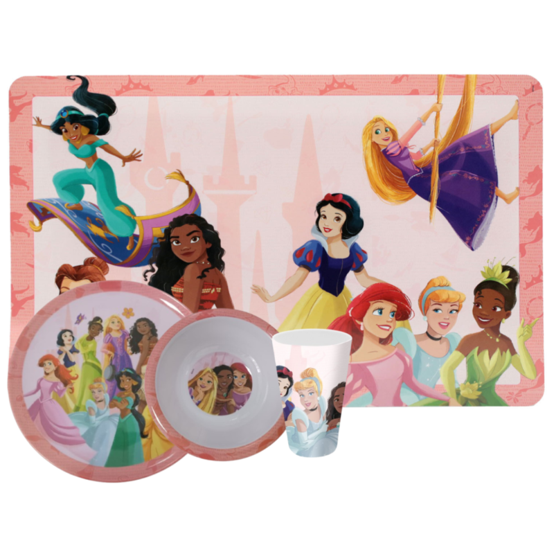 Jogo Infantil de Refeição Prato Raso / Bowl / Copo / Lugar Melamine Disney 4 Peças - Princesas