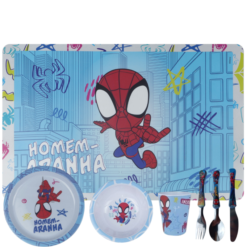 Jogo Infantil de Refeição Prato / Bowl / Copo / Lugar Melamine Disney 7 Peças - Homem Aranha