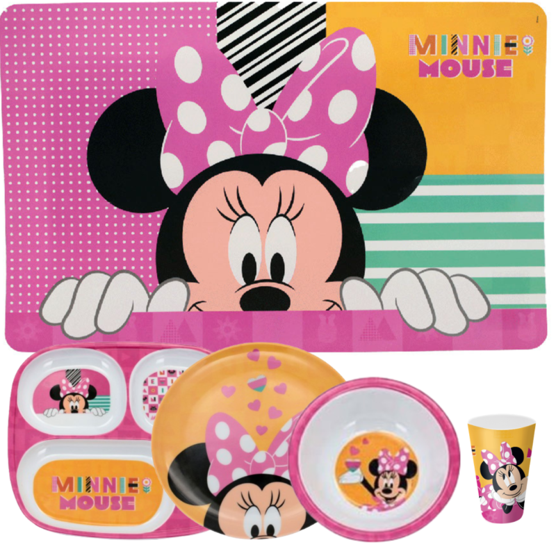 Jogo Infantil de Refeição Pratos-raso/Bowl/Copo/Lugar Melamine Disney 5 Peças- Minnie