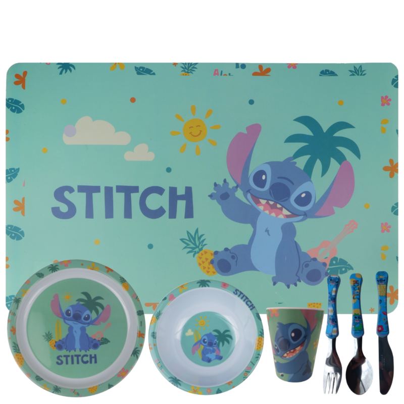 Jogo Infantil de Refeição Prato / Bowl / Copo / Lugar Melamine Disney 7 Peças - Stitch