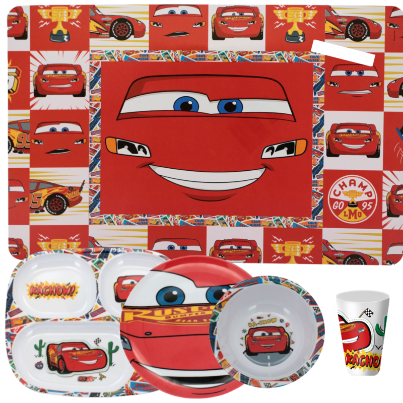 Jogo Infantil de Refeição Pratos-raso/Bowl/Copo/Lugar Melamine Disney 5 Peças- Carros