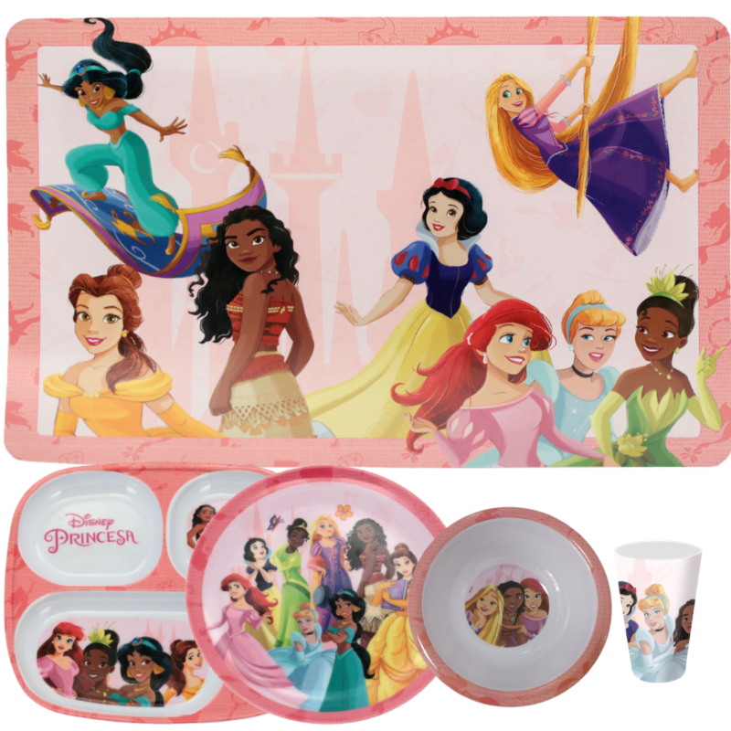 Jogo Infantil de Refeição Pratos-raso/Bowl/Copo/Lugar Melamine Disney 5 Peças- Princesas