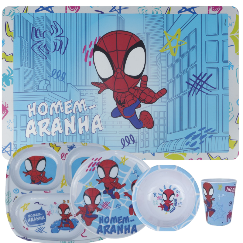 Jogo Infantil de Refeição Pratos-raso/Bowl/Copo/Lugar Melamine Disney 5 Peças- Homem Aranha