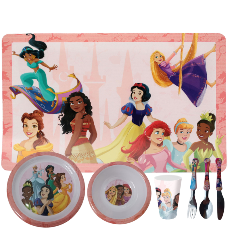 Jogo Infantil de Refeição Prato / Bowl / Copo / Lugar Melamine Disney 7 Peças - Princesas