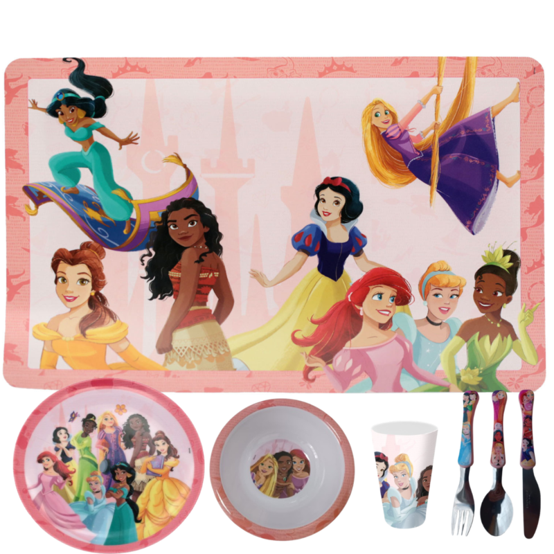 Jogo Infantil de Refeição Prato Raso / Bowl / Copo / Lugar Melamine Disney 7 Peças - Princesas