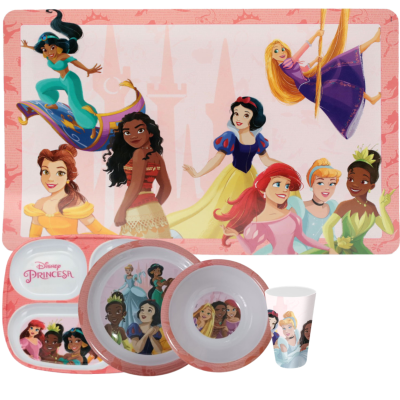 Jogo Infantil de Refeição Pratos/Bowl/Copo/Lugar Melamine Disney 5 Peças- Princesas